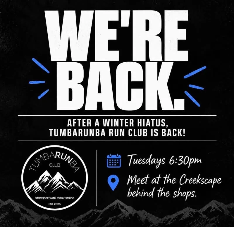 Black poster with white text announcing Tumbarunba Run Club restart