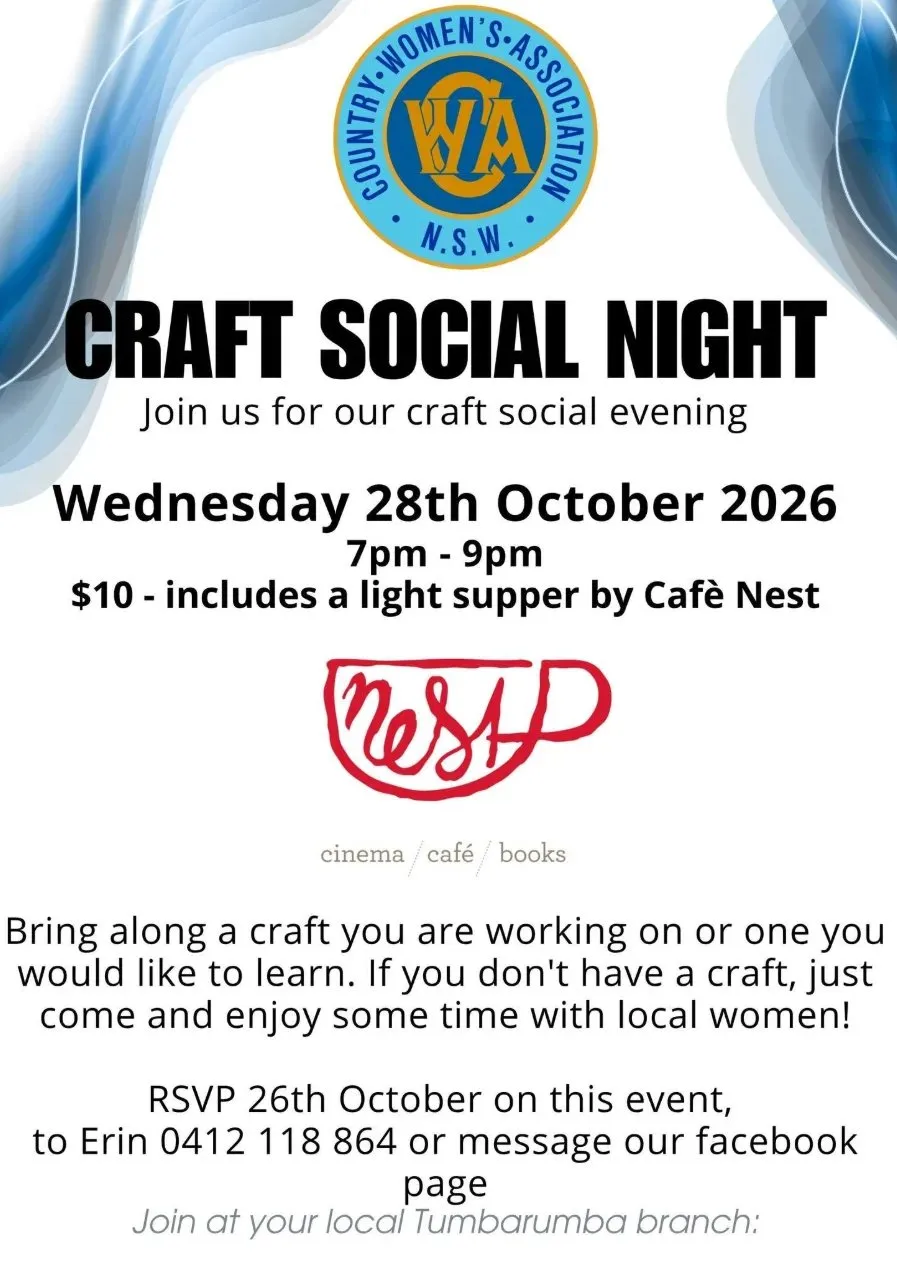 Flyer for craft social night with text and logos on white background