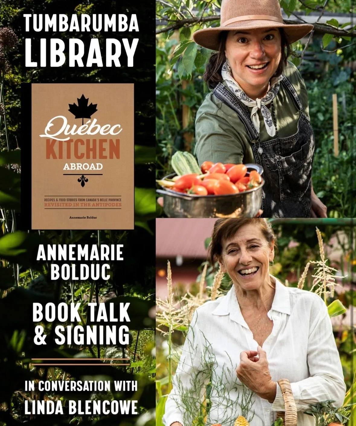 Advertisement for book talk and signing with two women in a garden
