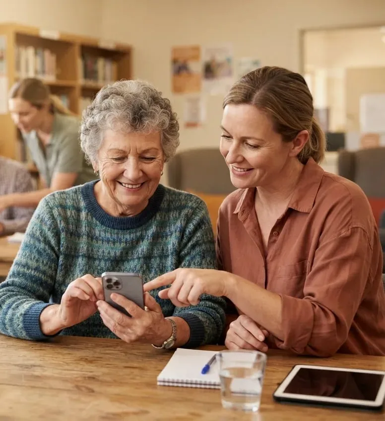 Two women sitting at a table looking at a phone