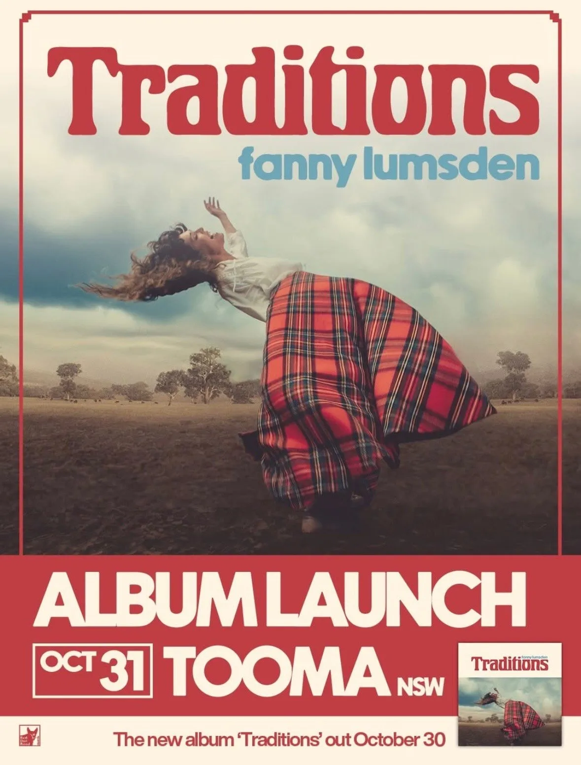 Woman in plaid skirt dancing in a field, album cover and text about an album launch