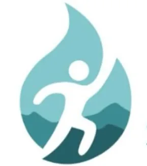 Teal flame with white figure and mountains