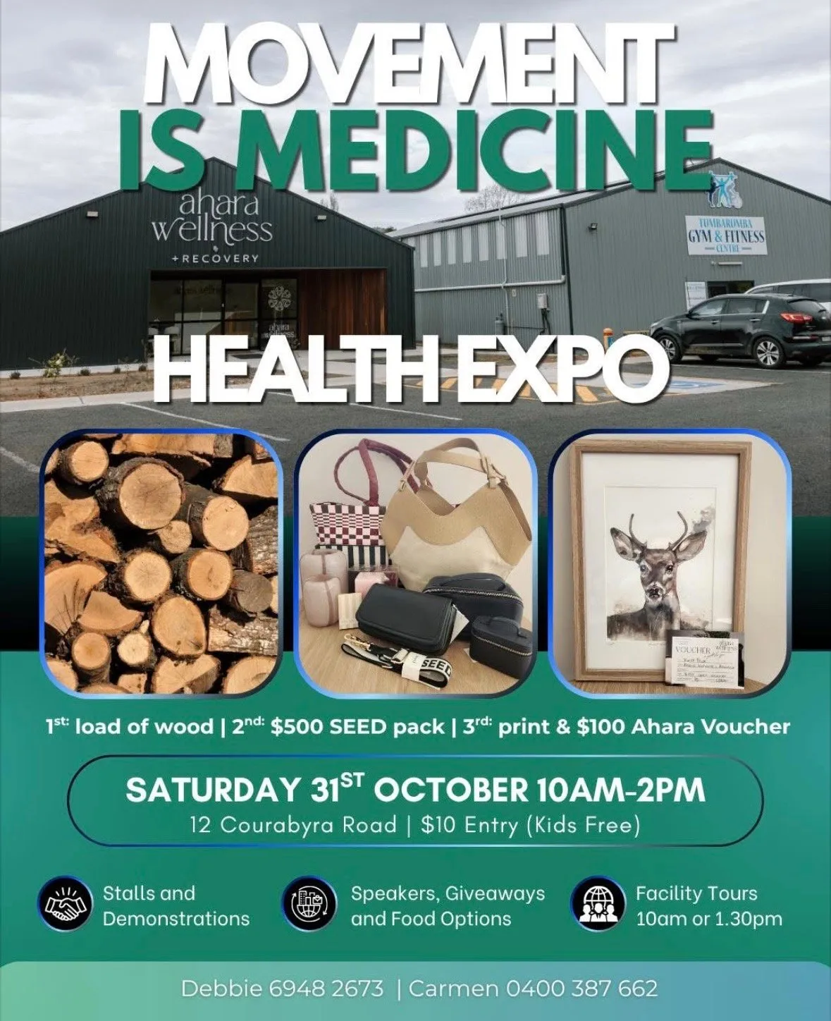 Health expo flyer with building, wood, handbags, and framed deer drawing