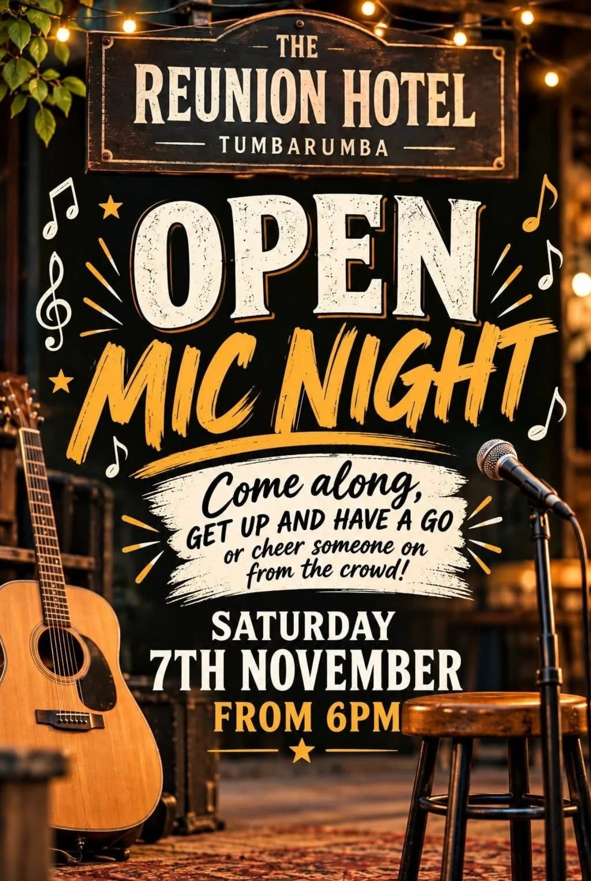Advertisement for open mic night at The Reunion Hotel