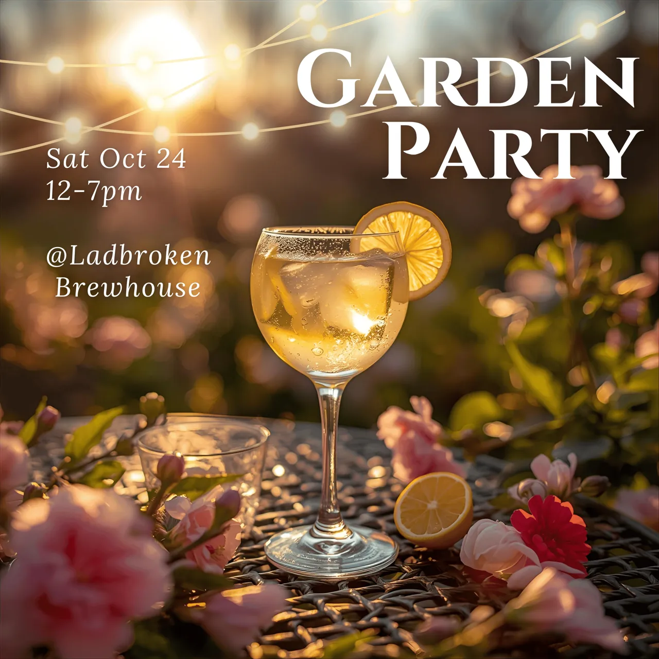 Drink with lemon, flowers and text about garden party